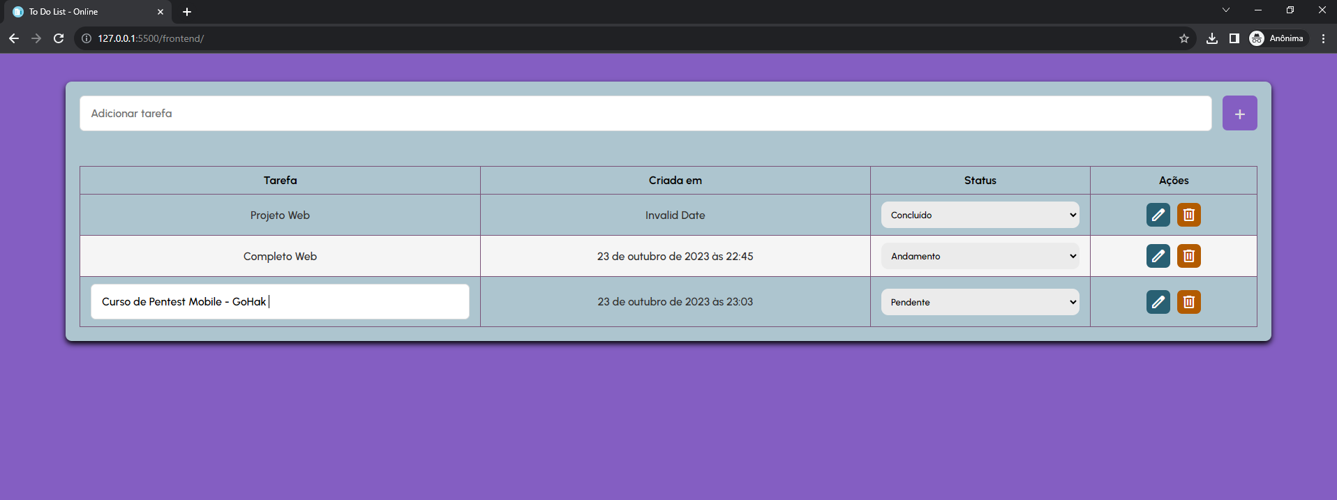 Ferramenta de controle de tarefas via web